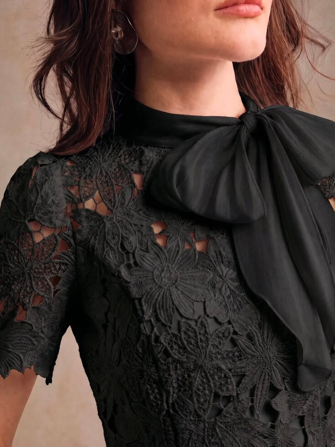 CM-TS468347 Women Elegant Seoul Style Tie Neck Puff Sleeve Hollow Lace Bowknot Blouse - Black