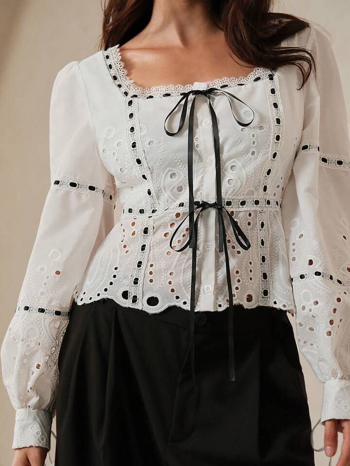CM-TS664319 Women Elegant Seoul Style Embroidery Square Collar Waist Tightened Puff Sleeve Shirt
