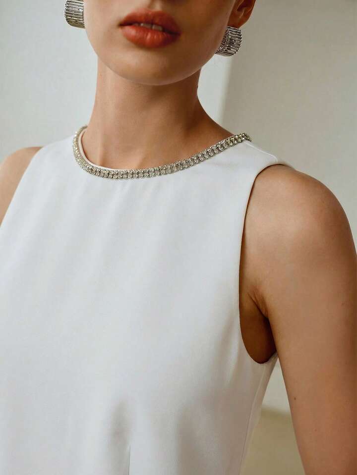 CM-JS101498 Women Elegant Seoul Style Rounnd Neck Rhinestone Decor Sleeveless Jumpsuit - White
