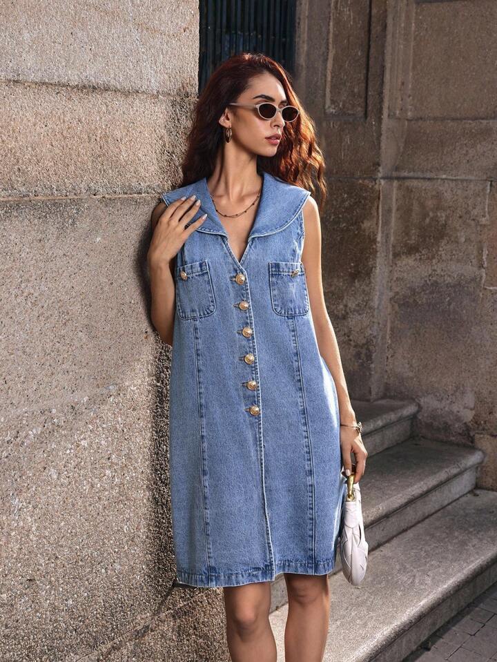 CM-DS321891 Women Casual Seoul Style Sailor Collar Sleeveless Buttoned Pocket Design Denim Dress - Blue