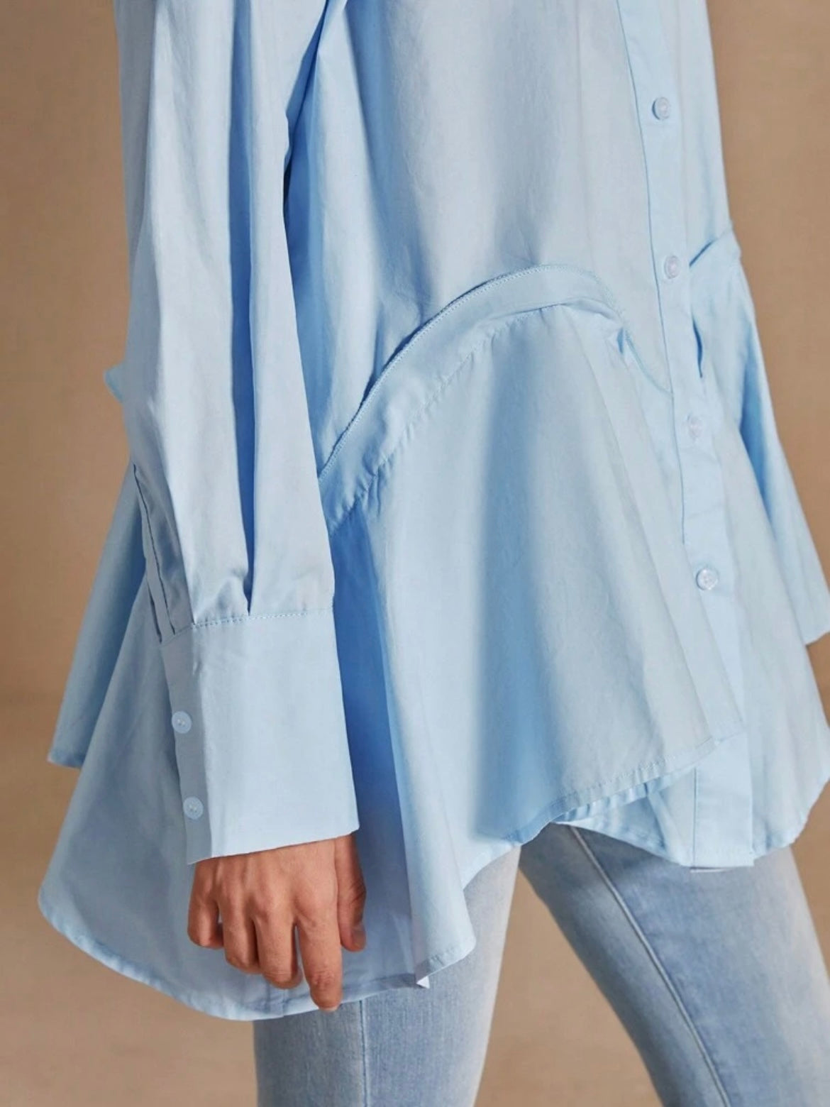 CM-TS493804 Women Casual Seoul Style Solid Color Asymmetrical Hemline Long Sleeve Shirt - Blue