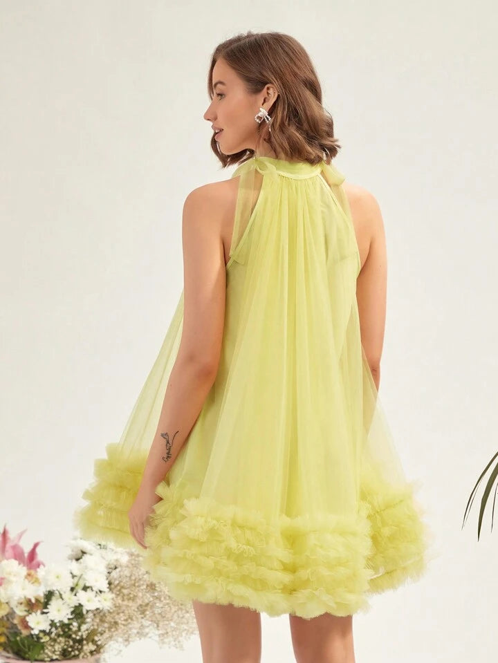 CM-DS054600 Women Elegant Seoul Style Multi-Layered Mesh Halter Neck Dress - Yellow