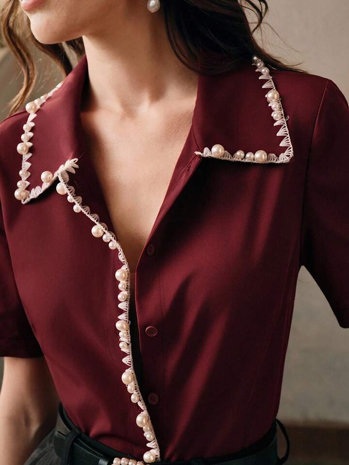 CM-TS113713 Women Elegant Seoul Style Studded Pearl Trim Collar Short Sleeve Blouse - Burgundy