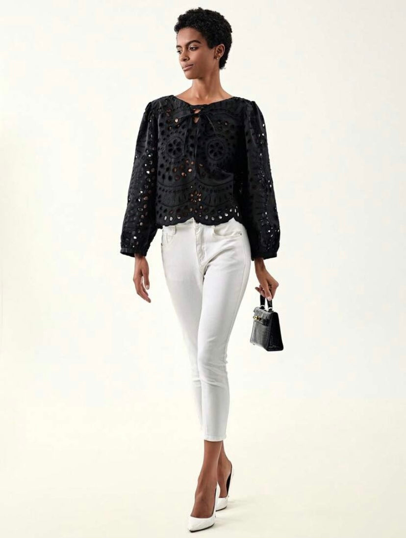CM-TS600606 Women Trendy Bohemian Style Tie Neck Eyelet Embroidery Hollow Out Blouse