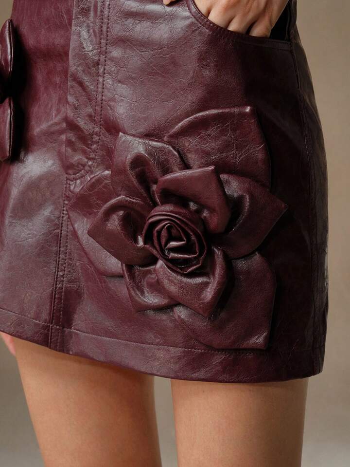 CM-BS212248 Women Casual Seoul Style 3D Floral Decor PU Leather Mini Skirt - Burgundy