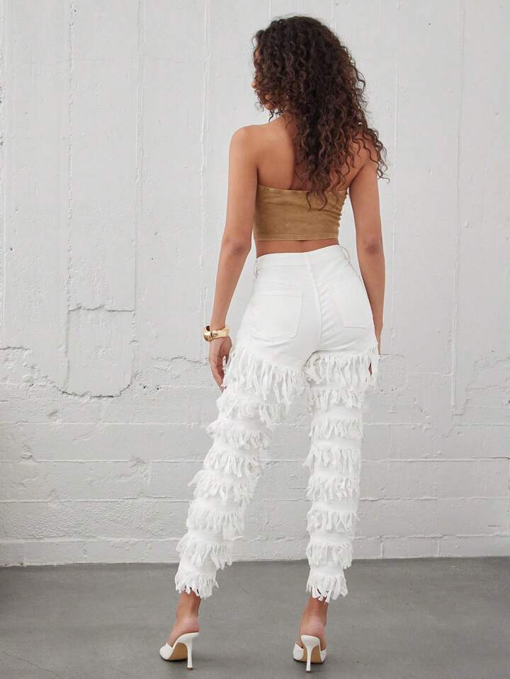 CM-BS137330 Women Casual Seoul Style High Waist Layered Fringe Trim Stretch Denim Jeans - White