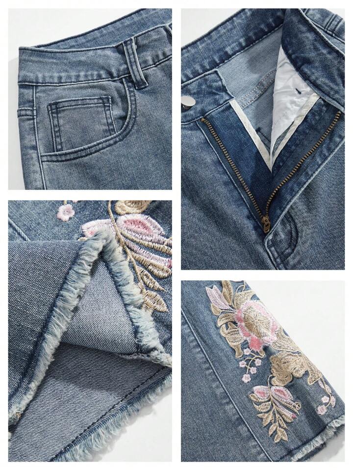 CM-BS720720 Women Elegant Seoul Style Floral Embroidered High Waist Wide Leg Denim Jeans - Blue