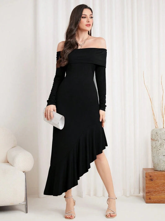 CM-DS615954 Women Elegant Seoul Style Off the Shoulder Ruffle Hem Midi Dress - Black