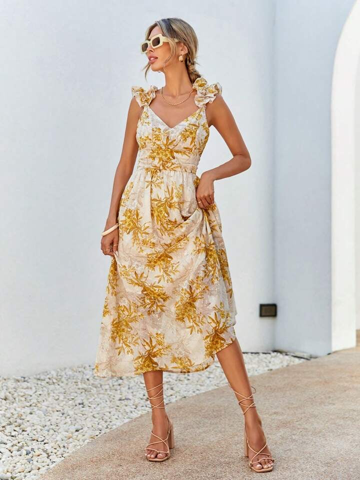 CM-DS942809 Women Trendy Bohemian Style Plant Printed Spaghetti Strap A-Line Dress
