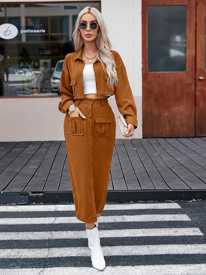 CM-SS188671 Women Elegant Seoul Style Oversized Long Sleeve Jacket With Pockets Split Hem Skirt - Set