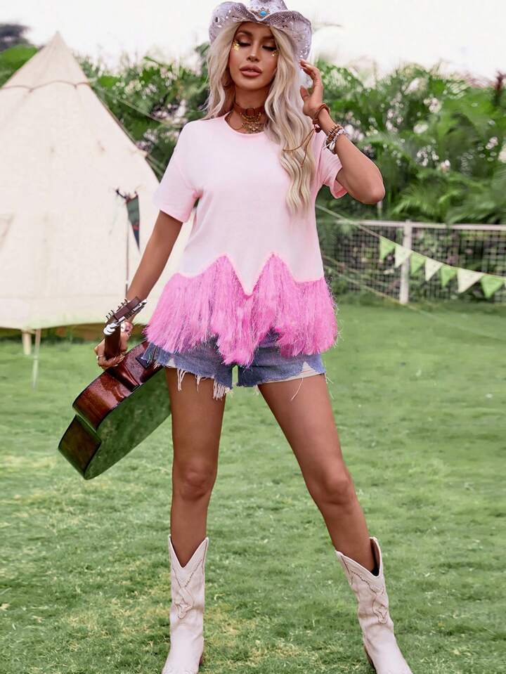 CM-TS517768 Women Trendy Bohemian Style Round Neck Fringe Short Sleeve T-Shirt - Pink