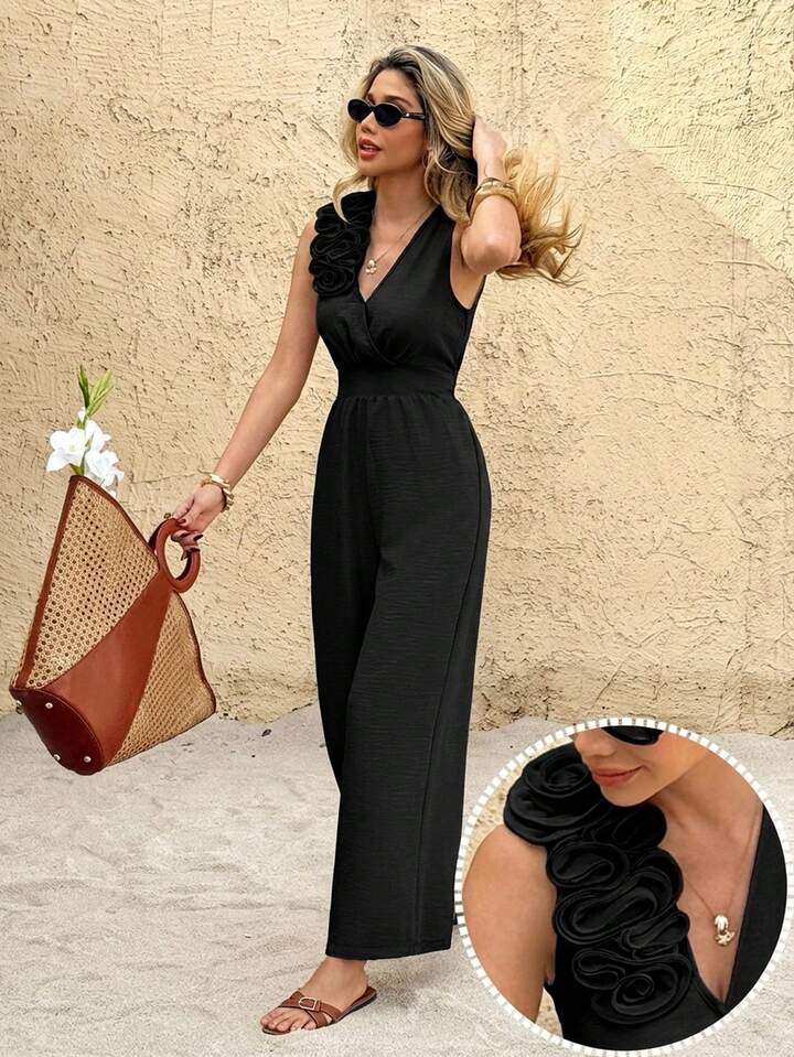 CM-JS647265 Women Trendy Bohemian Style Linen 3D Floral Decor V-Neck Sleeveless Wide Leg Jumpsuit - Black