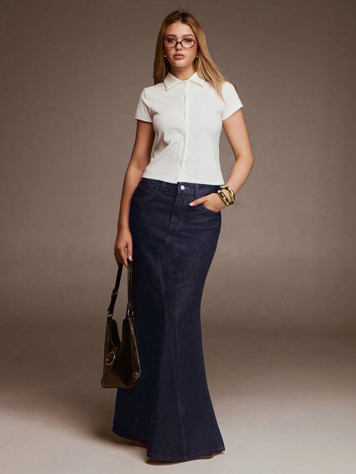 CM-BS368665 Women Casual Seoul Style Low Waist A-Line Fishtail Denim Skirt - Blue