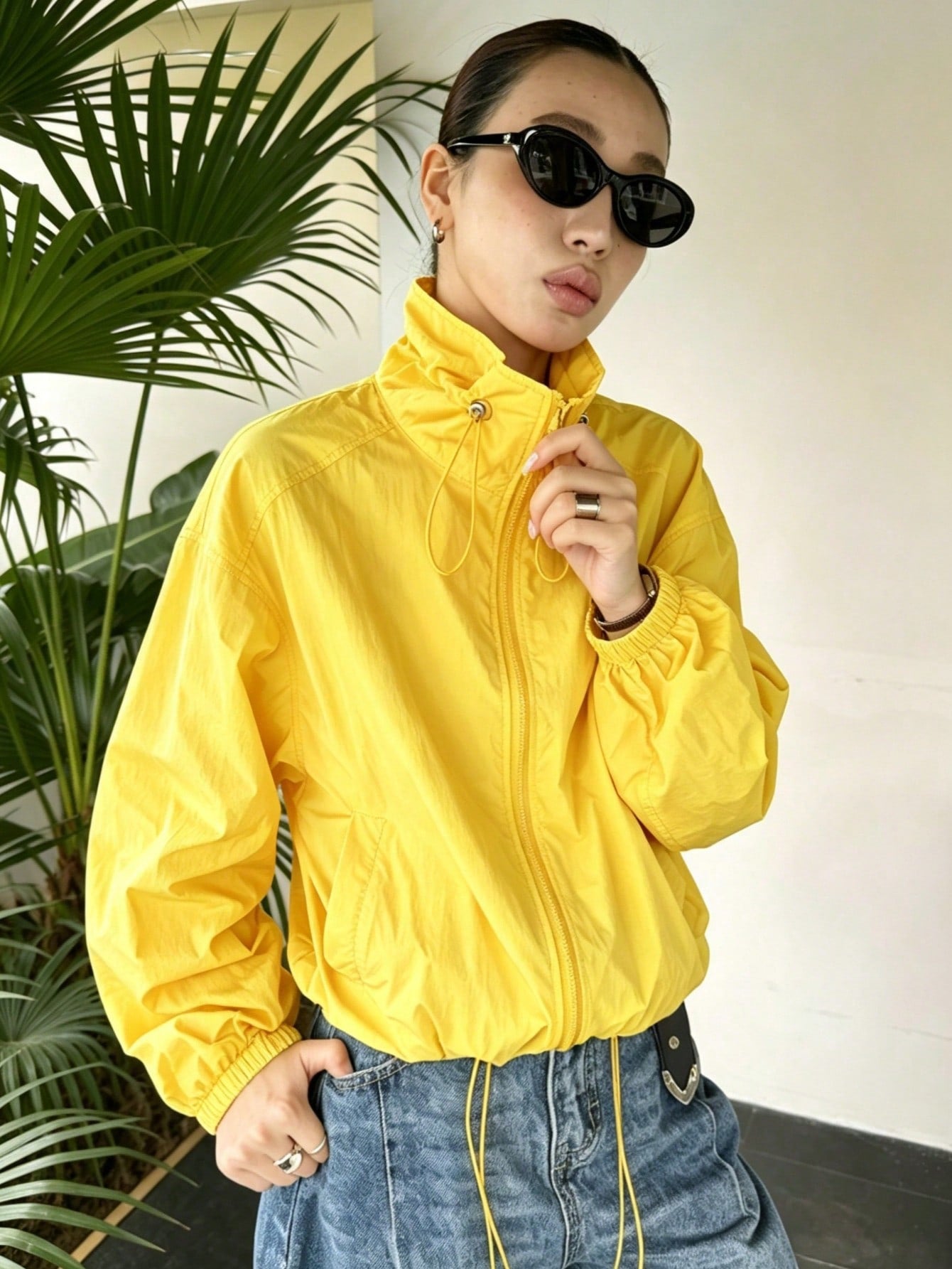 CM-CS765244 Women Casual Seoul Style Drawstring Collar Loose Fit Short Lightweight Jacket - Yellow