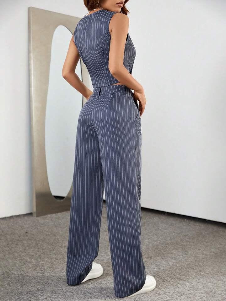 CM-SS113852 Women Casual Seoul Style Stripe Single-Breasted Suit Vest With Pleated Tapered Pants Suit - Light Gray