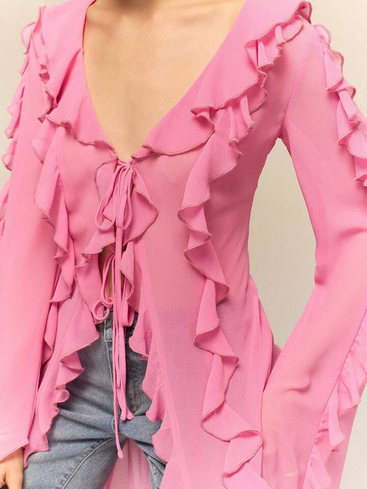 CM-TS168445 Women Casual Seoul Style Ruffle Tie Neck Extra Long Sleeve Sheer Long Shirt - Pink