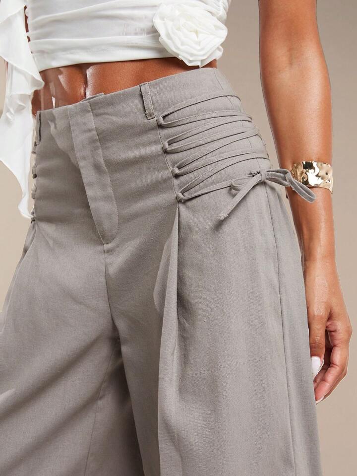 CM-BS449594 Women Casual Seoul Style Cross Waist High Waist Wide Leg Trousers - Gray