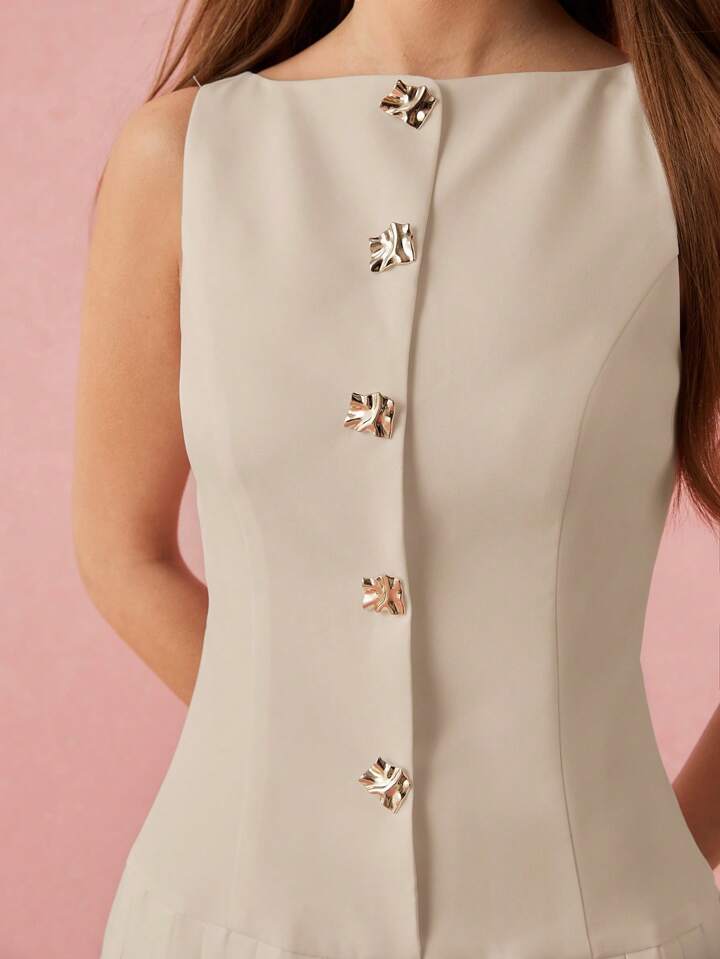 CM-DS170727 Women Elegant Seoul Style Metal Buttons Decor Pleated Hem Sleeveless Mini Dress - Khaki