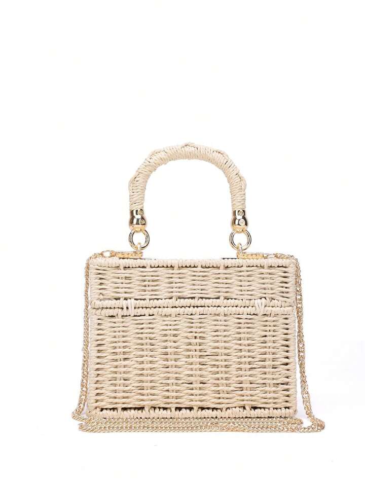 CM-BGS698559 Women Trendy Seoul Style Minimalist Twist Lock Flap Straw Bag - Beige