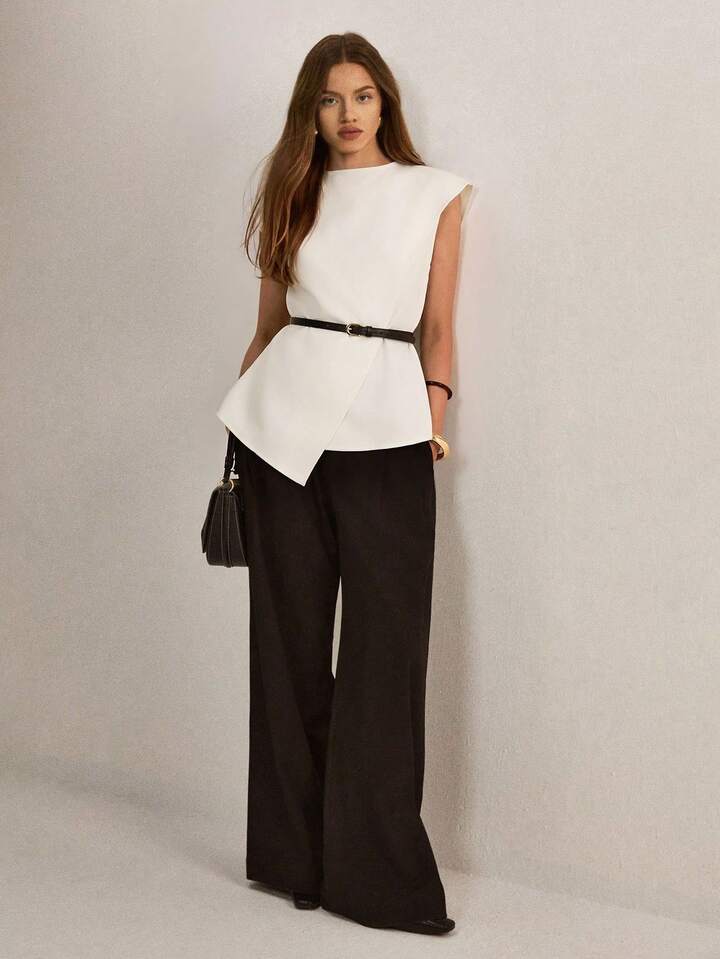 CM-TS563755 Women Elegant Seoul Style Stand Collar Sleeveless Asymmetric Hem Loose Blouse - Beige