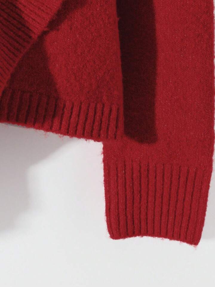 CM-CS950272 Women Elegant Seoul Style Solid Color Stand Collar Long Sleeve Ruffle Hem Sweater - Red