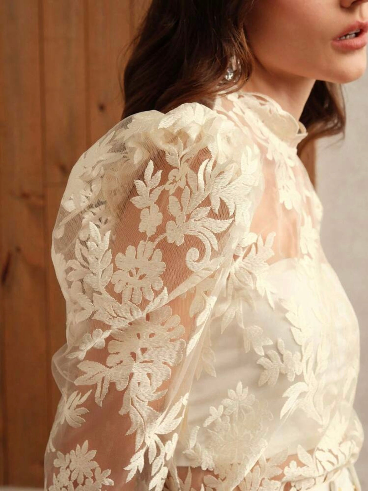 CM-TS497212 Women Elegant Seoul Style Stand Collar Puff Sleeve Embroidered Top - Apricot