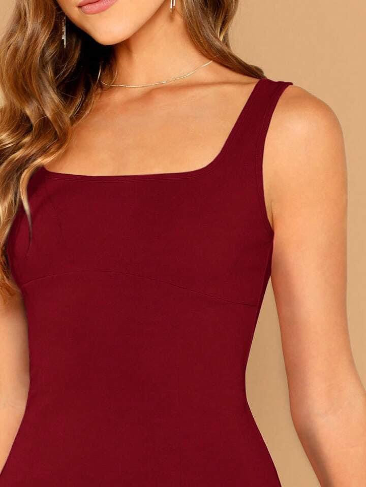 CM-DS196633 Women Casual Seoul Style Solid Color Sleeveless Square Neckline Dress - Red