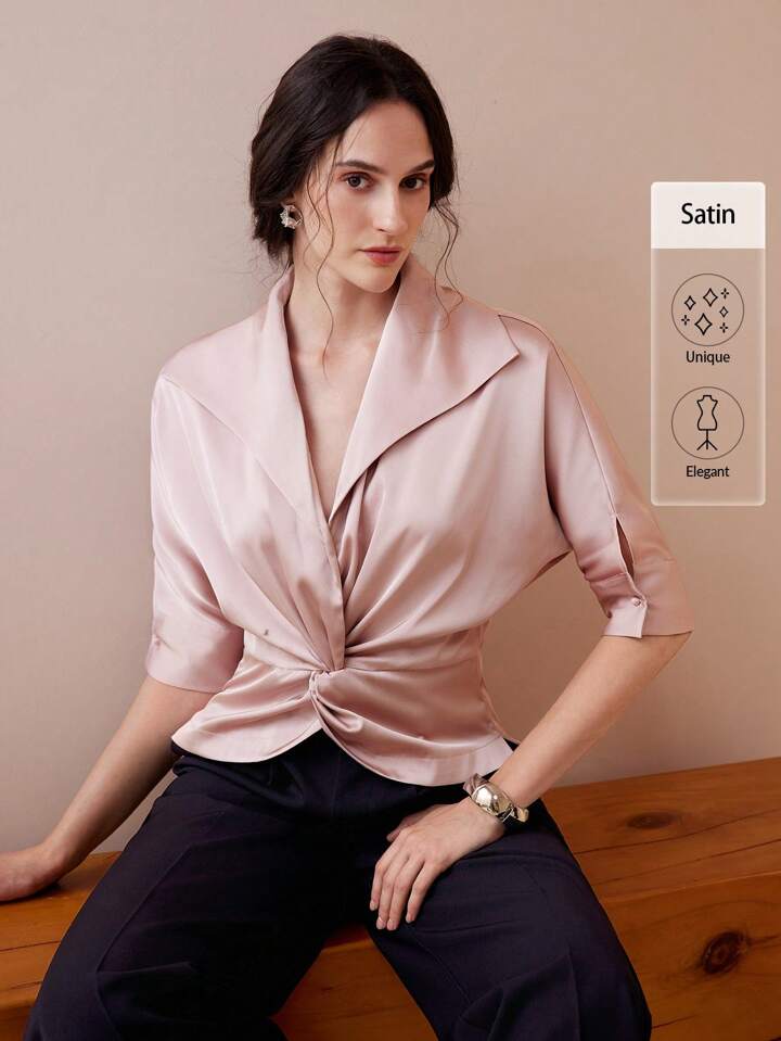 CM-TS548202 Women Elegant Seoul Style Waterfull Neckline Twill Lapel Twist Batwing Sleeve Blouse - Dusty Pink