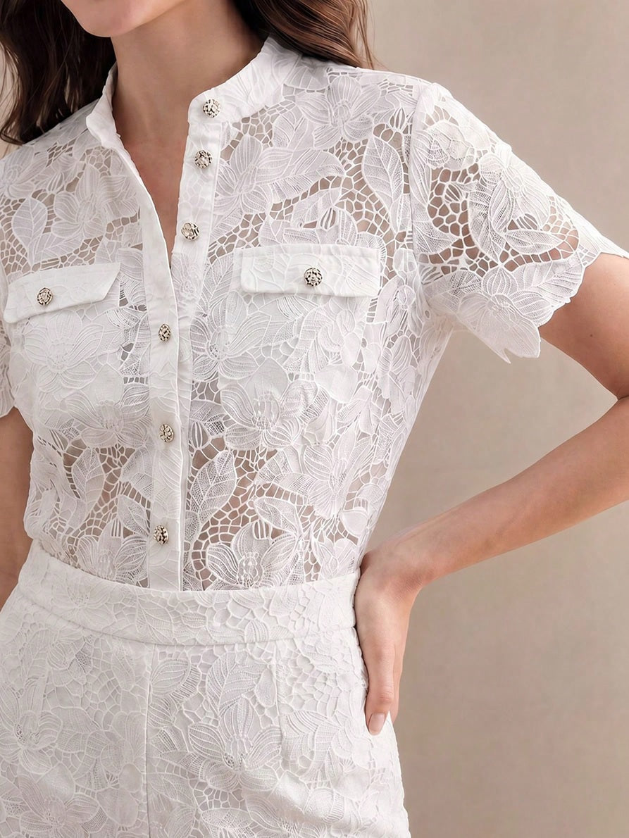 CM-TS807408 Women Elegant Seoul Style Round Neck Short Sleeve Button Front Sheer Lace Top - White