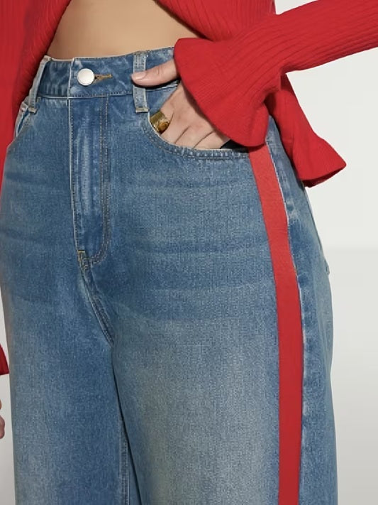 CM-BT342902 Women Casual Seoul Style Medium Wash Straight-Leg Webbing Patchwork Jeans