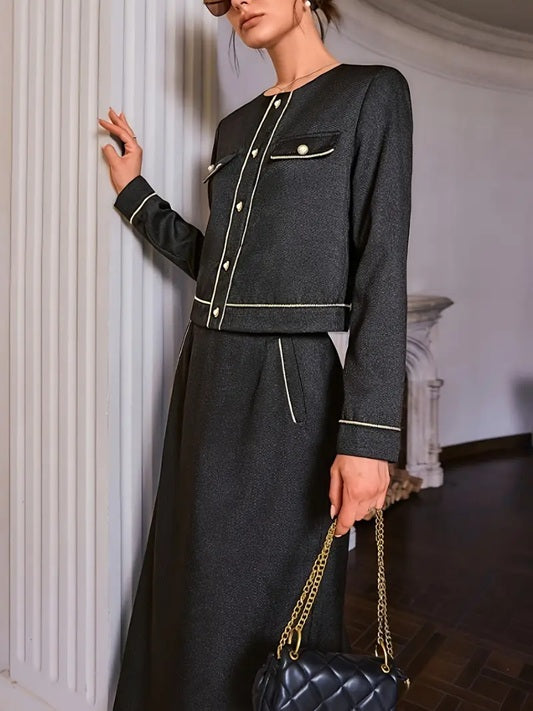 CM-ST021830 Women Elegant Seoul Style Color-Block Crew Neck Long Sleeve Top With Midi Skirt - Set