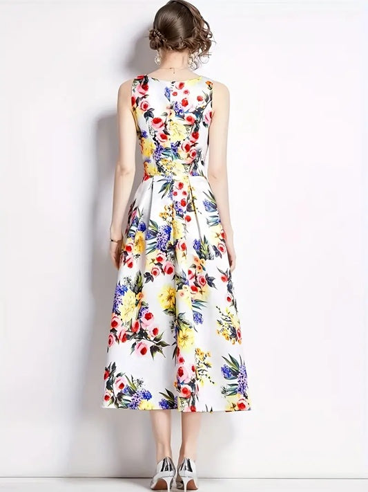 CM-DT835868 Women Elegant Seoul Style Floral Print Crew Neck Sleeveless Midi Dress