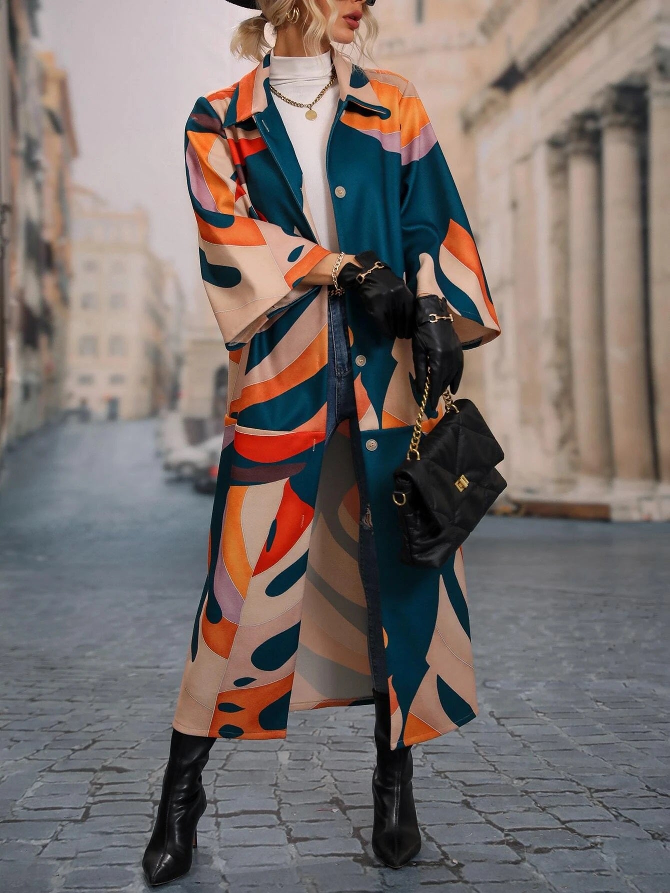 CM-CS448472 Women Casual Seoul Style Tropical Print Drop Shoulder Overcoat