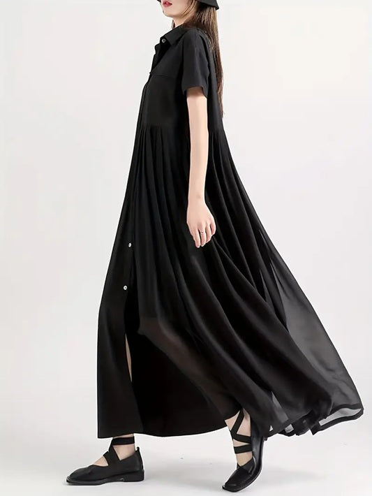 CM-DT451050 Women Elegant Seoul Style Collar Neckline Short Sleeve A-Line Midi Dress - Black