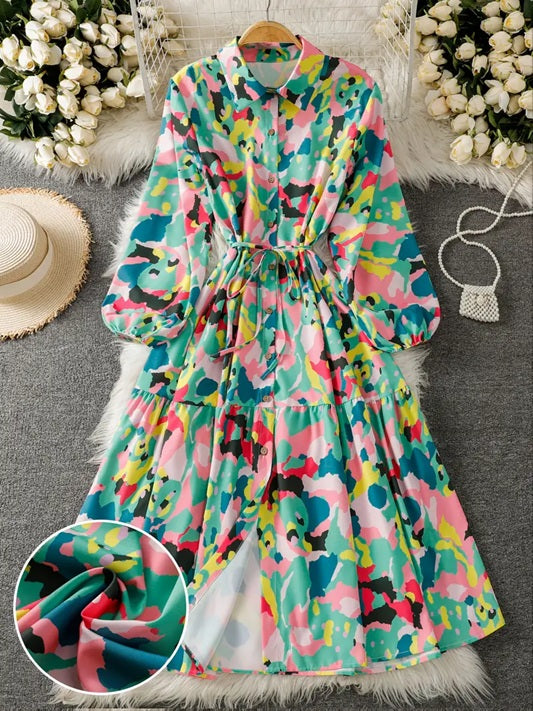 CM-DT291127 Women Casual Seoul Style Turn Collar Lantern Sleeve Asymmetrical Floral Print Shirt Dress