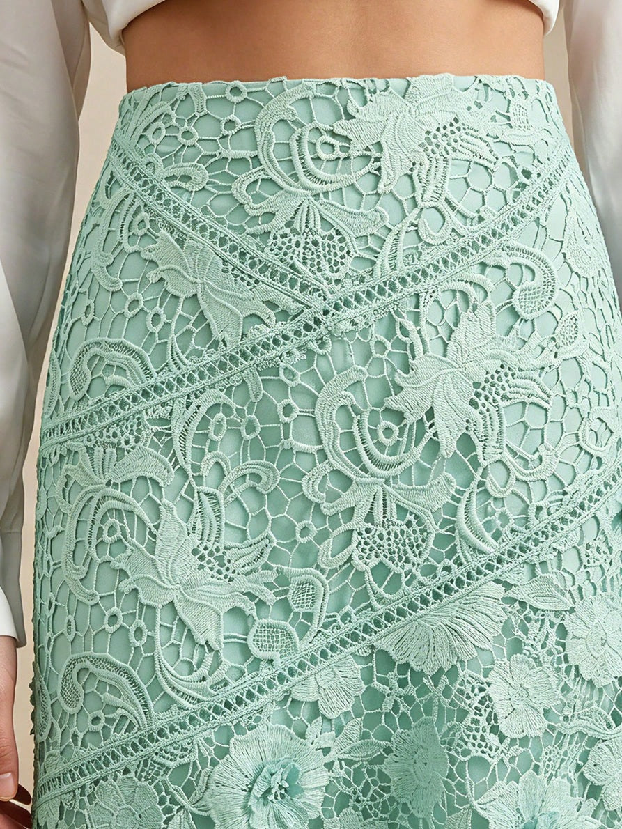 CM-BS607462 Women Elegant Seoul Style High Waist 3D Floral Mermaid Mid-Length Skirt - Green
