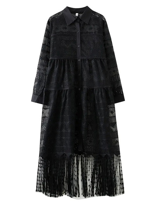 CM-DT294481 Women Casual Seoul Style Lapel Neckline See-Through Hollow Tassel Long Dress - Black
