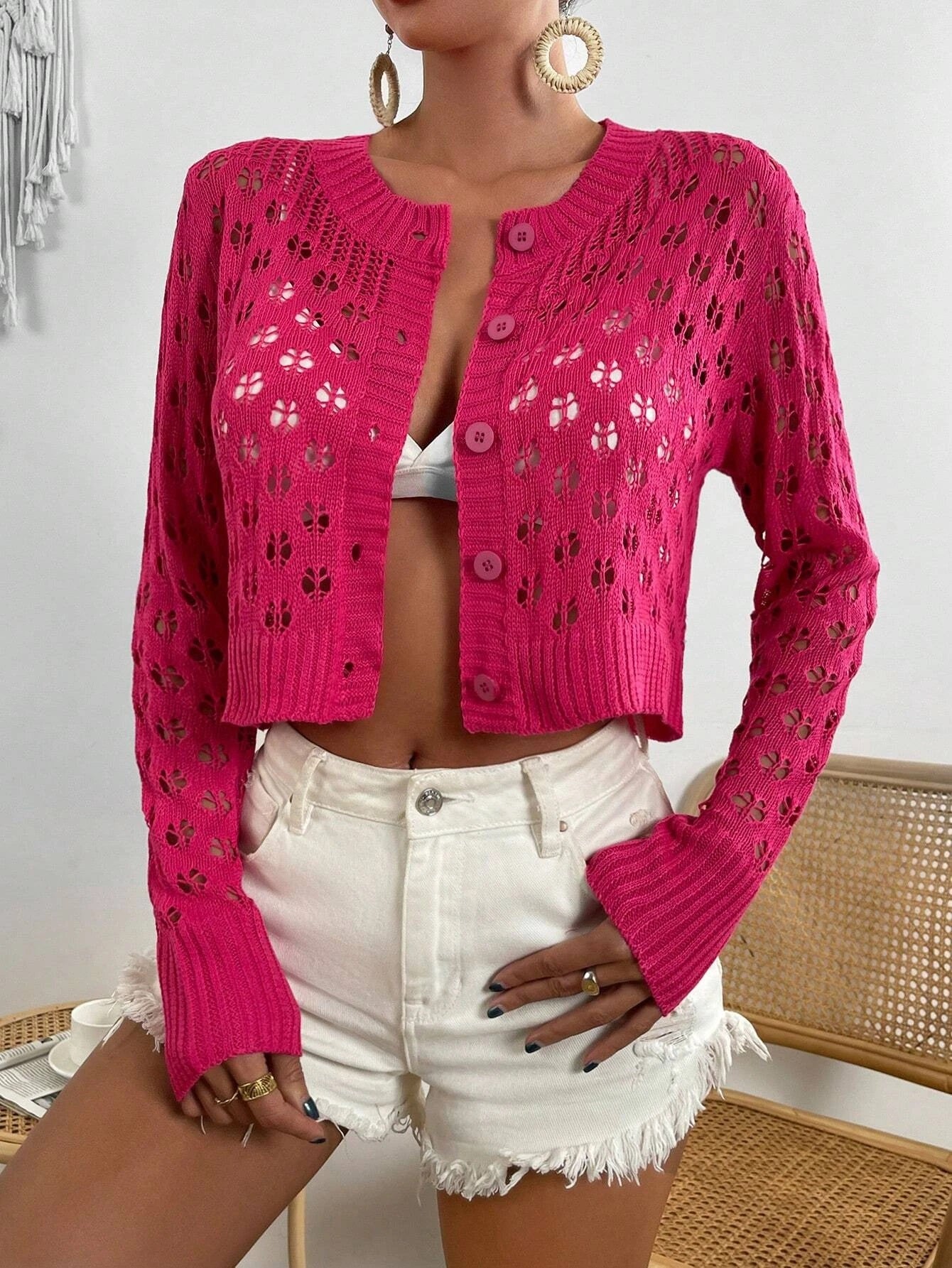 CM-CS998526 Women Casual Seoul Style Hollow Out Button Front Cardigan - Hot Pink