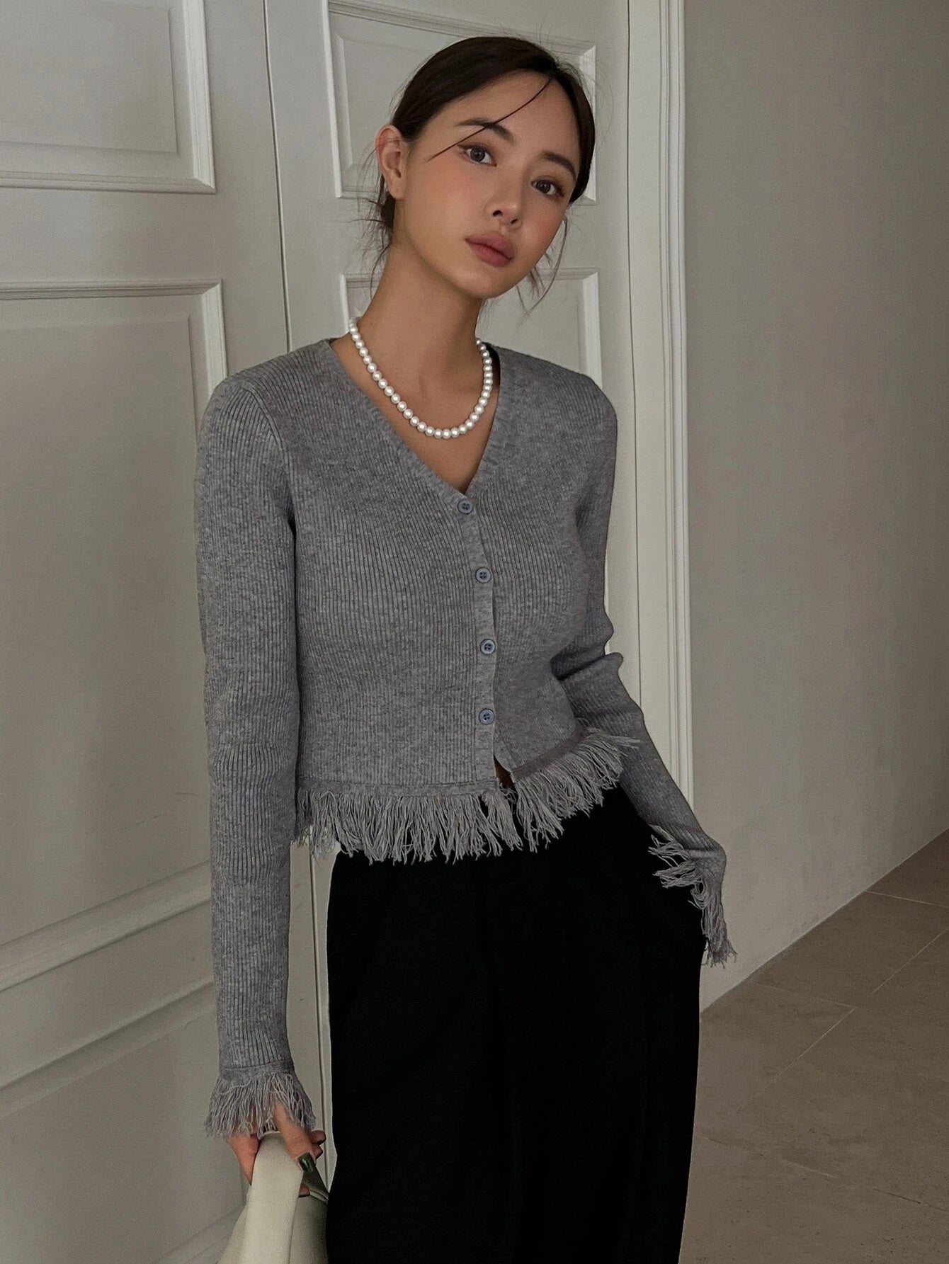 CM-CS542305 Women Casual Seoul Style Fringe Trim Button Front Cardigan - Gray