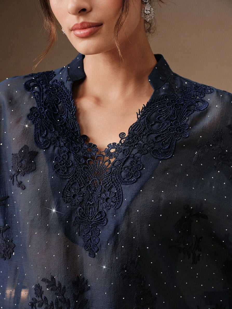 CM-TS225231 Women Elegant Seoul Style V-Neck Short Sleeve Mesh Rhinestone Lace Patchwork Blouse - Navy Blue
