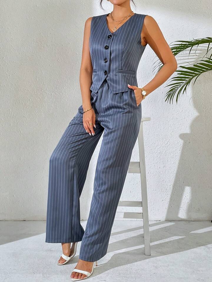 CM-SS408422 Women Casual Seoul Style Striped V-Neck Sleeveless Vest Top With Wide Leg Trousers - Set
