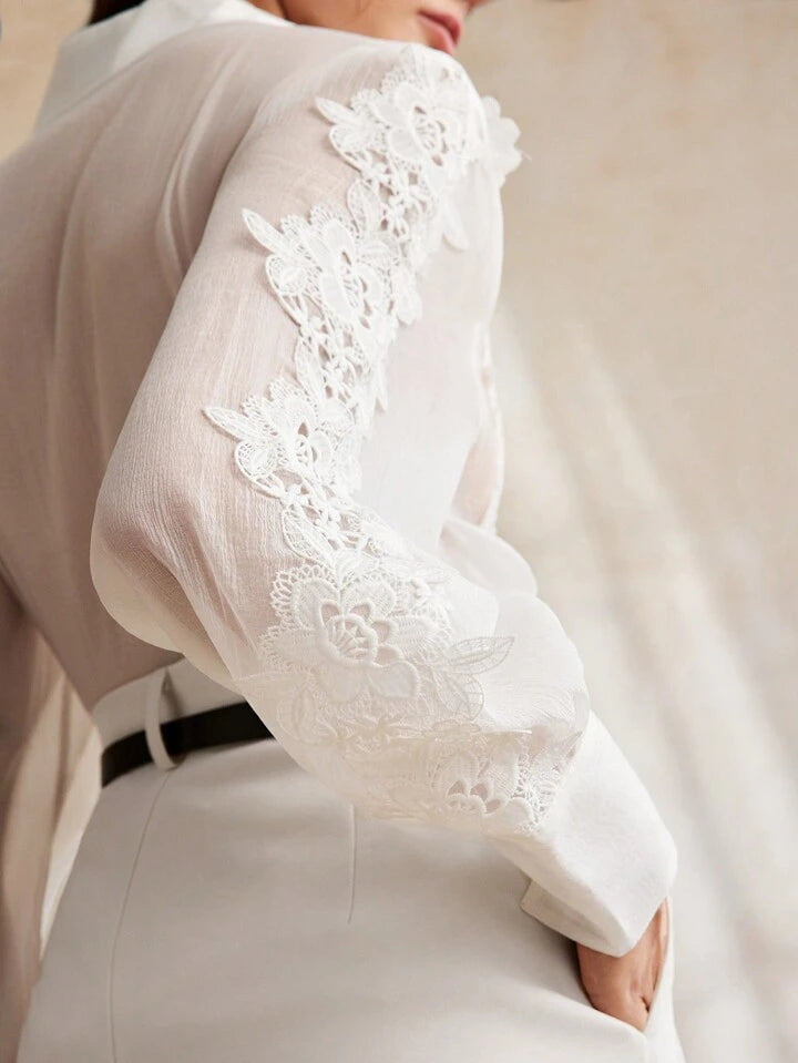 CM-TS788828 Women Elegant Seoul Style 3D Floral Embroidered Collar Necklone Long Sleeve Shirt