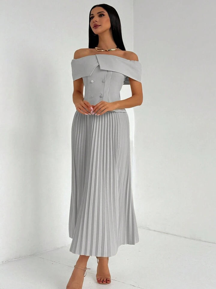 CM-SS552860 Women Elegant Seoul Style Off-Shoulder Waist-Cinched Slim Fit Blouse With Pleated Skirt - Set