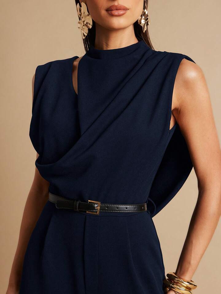 CM-JS658191 Women Elegant Seoul Style Stand Collar Sleeveless Pleated Backless Jumpsuit - Navy Blue