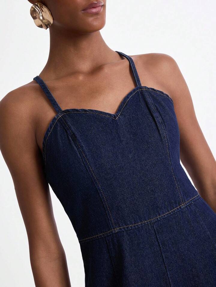 CM-JS419556 Women Casual Seoul Style Dark Wash Spaghetti Strap Sleeveless Extra Long Denim Jumpsuit