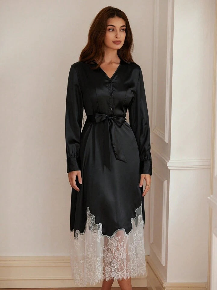 CM-DS235606 Women Elegant Seoul Style V-Neck Button Up Colorblock Lace Trim Long Sleeve Dress - Black