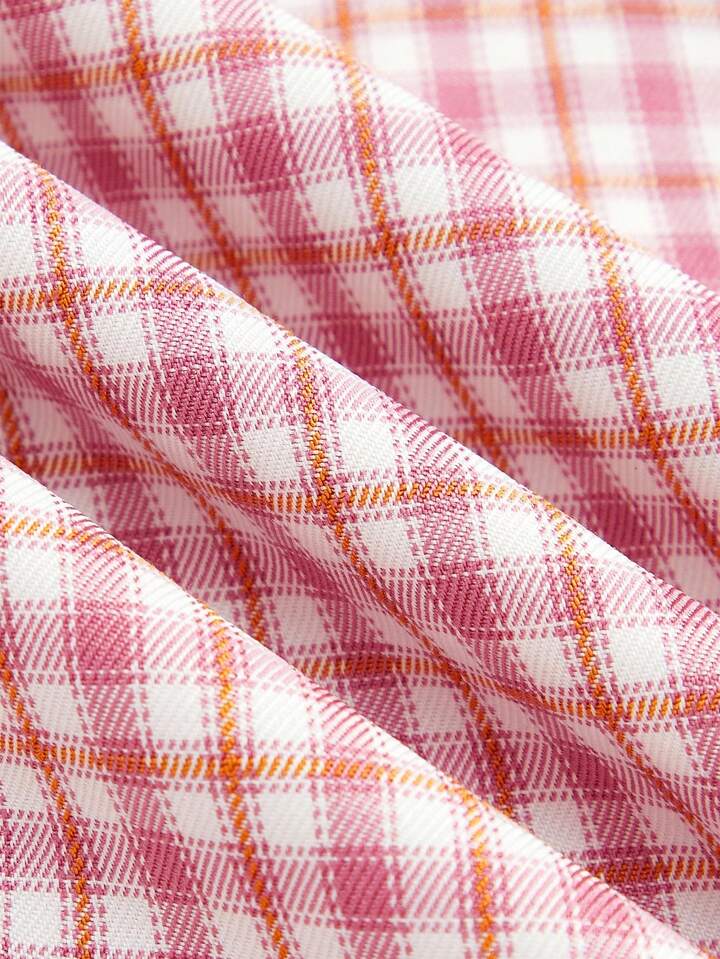 CM-TS124165 Women Casual Seoul Style Lace-Trimmed Peter Pan Collar Ruched Long Sleeve Gingham Blouse - Pink