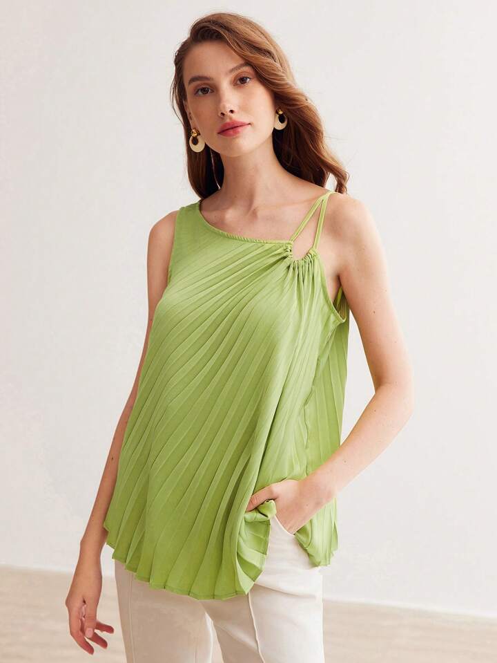CM-TS900732 Women Casual Seoul Style Asymmetrical Shoulder Pleated Sleeveless Blouse - Green