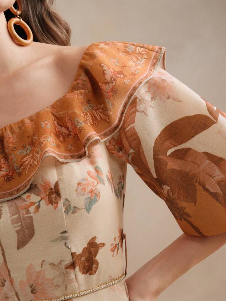 CM-DS328234 Women Trendy Bohemian Style Off Shoulder 3/4 Puff Sleeve High Waist Short Dress