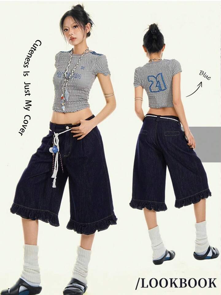 CM-BS239229 Women Casual Seoul Style Dark Wash Ruffle Trim Straight Leg Denim Shorts